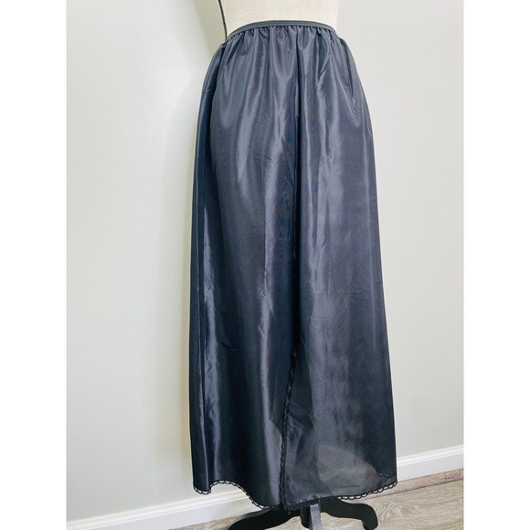 Vintage Vassarette Black Nylon Skirt Slip Women Medium Front Slit Long MCM Femme - Picture 1 of 7